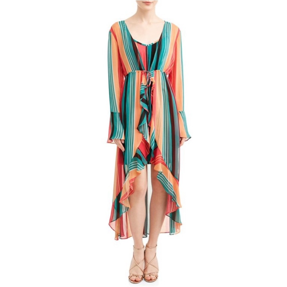 NWT Ruffle Maxi Kimono & Coverup! Multi Rainbow Stripe. Versatile Swimwear